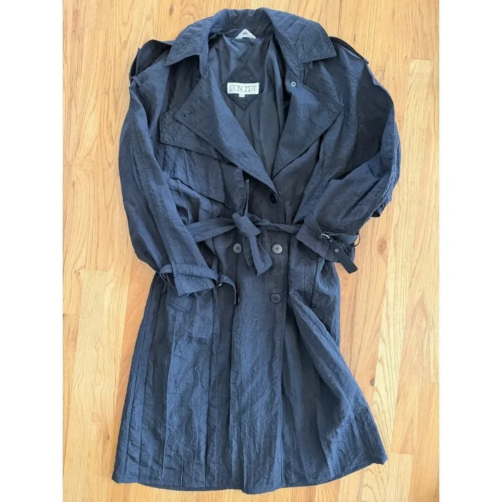 Vintage Concept Women's Black Crinkled Double-Breasted Trench Coat - Size 11